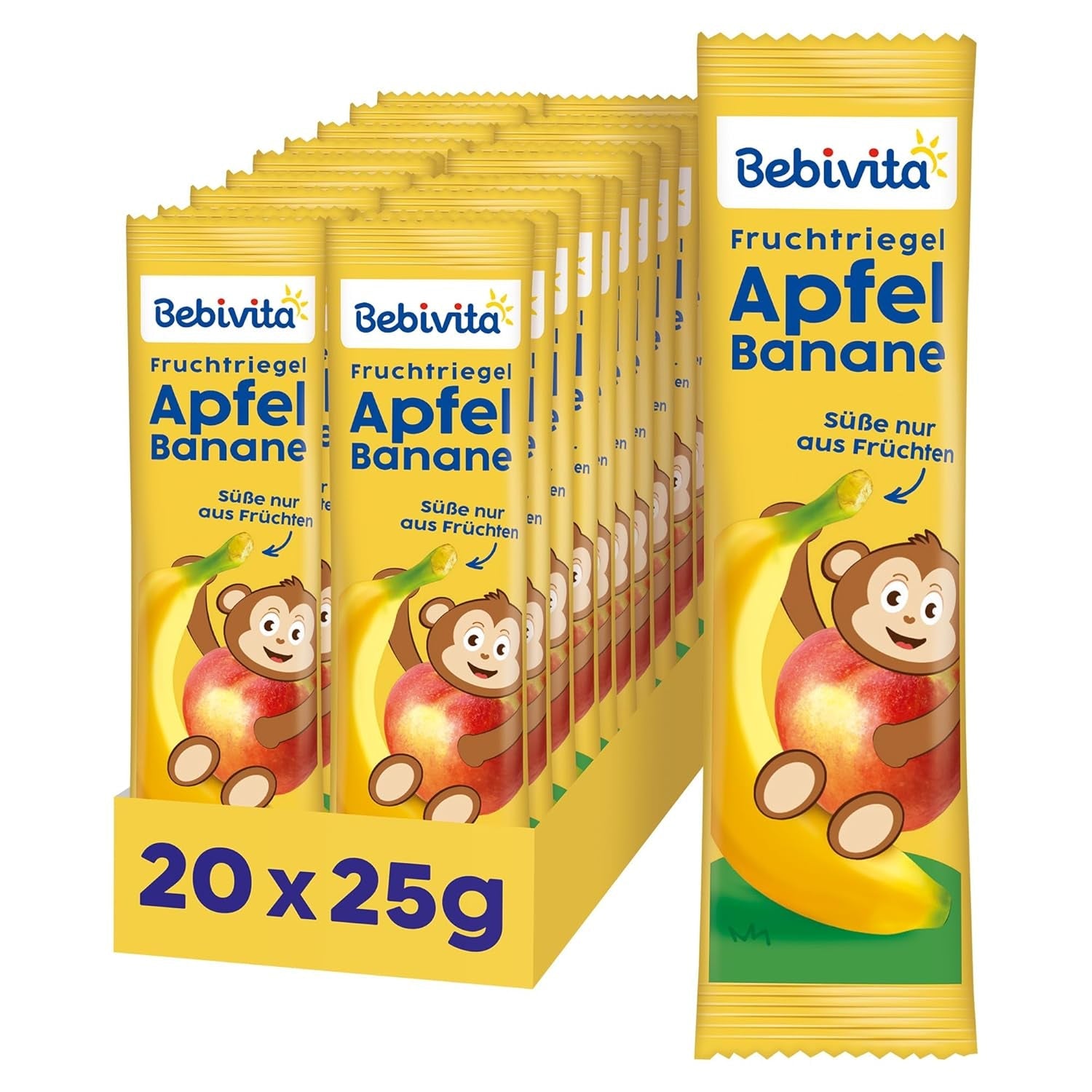 Batoane cu măr și banană (20 x 25g), îndulcite doar cu fructe, gustare perfectă între mese, preparate din ingrediente strict controlate și selectate.