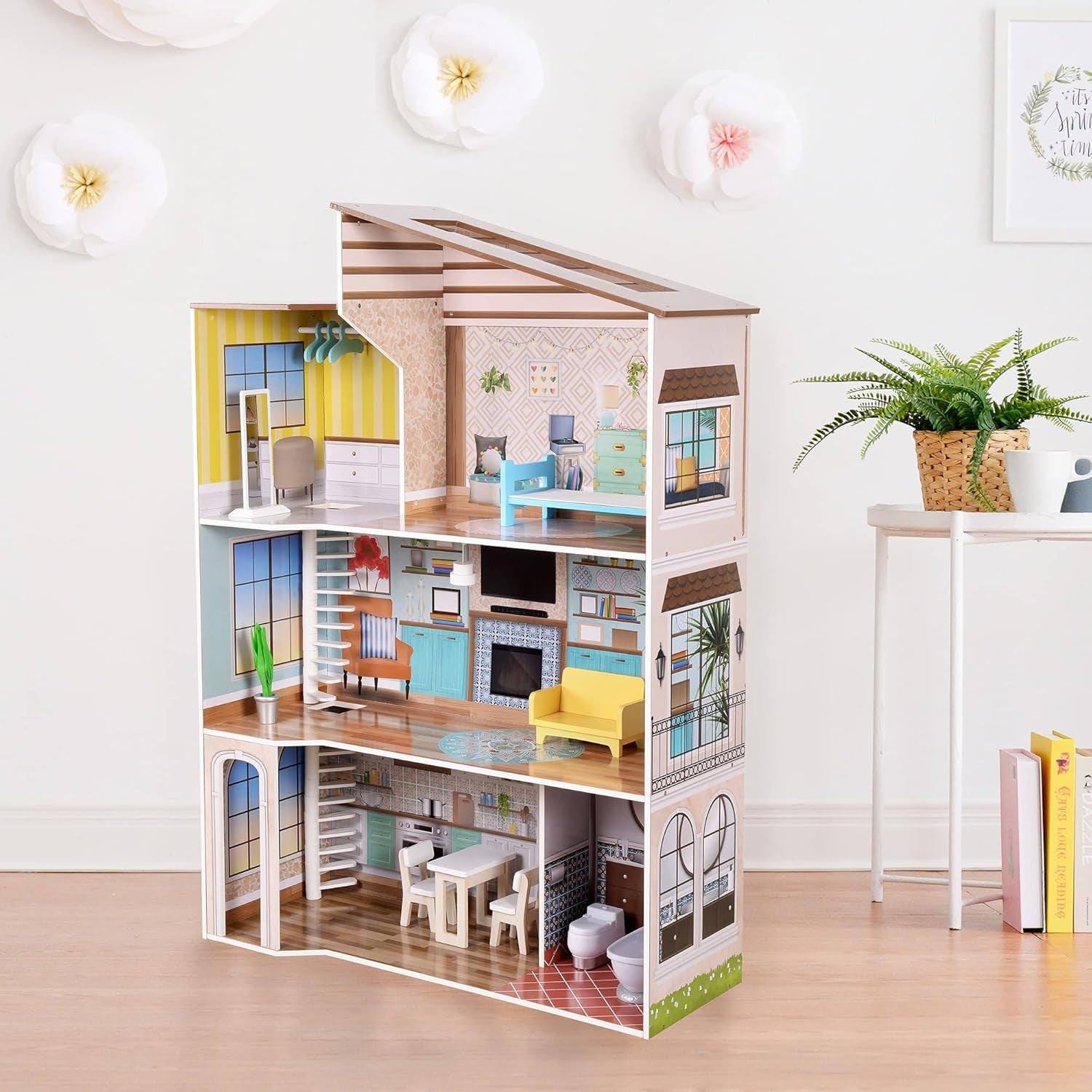 Olivia's Little World, casă de păpuși interactivă din lemn pentru copii, stil mediteranean contemporan, cu 3 etaje, cu 17 accesorii pentru mobilier de păpuși, multicoloră, TD-13551B