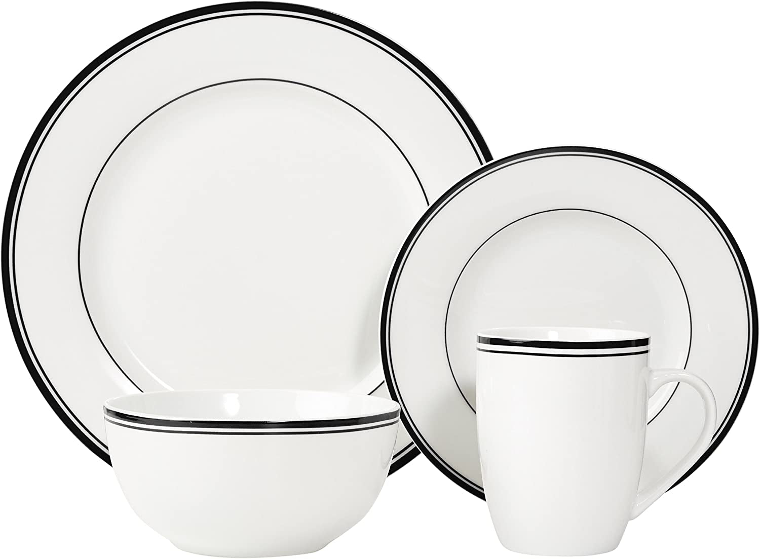 Set de veselă Amazon Basics Cafe cu margine neagră, 16 piese, pentru 4 persoane