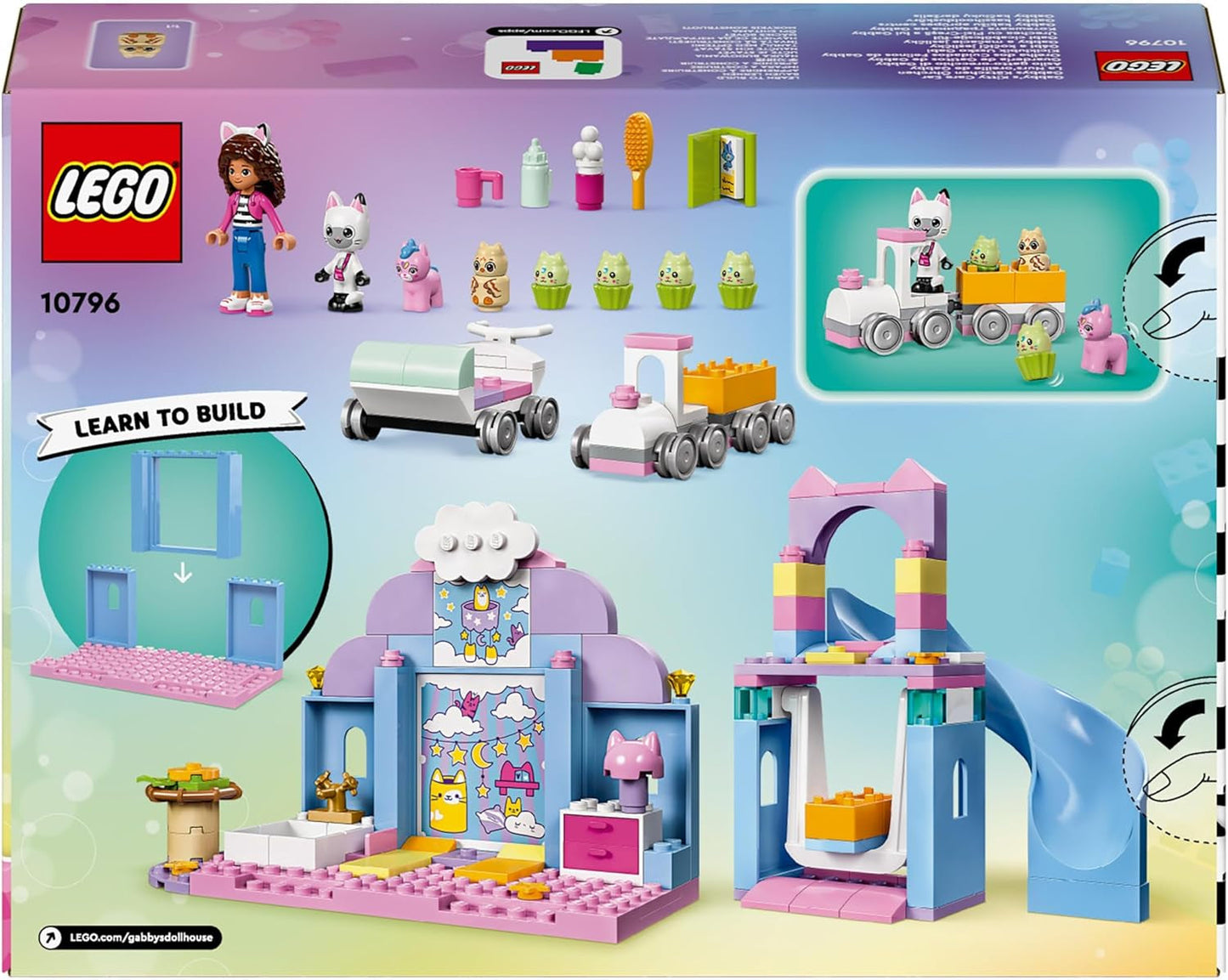 LEGO 4+ Gabby's Dollhouse Gabby's Little Kitty Ears, set cu animale pentru jocuri de rol, jucărie pentru copii cu tobogan și figuri, cadou pentru fete și băieți, jucărie pentru jocuri creative 10796 Seturi de constructie Besuche den LEGO-Store