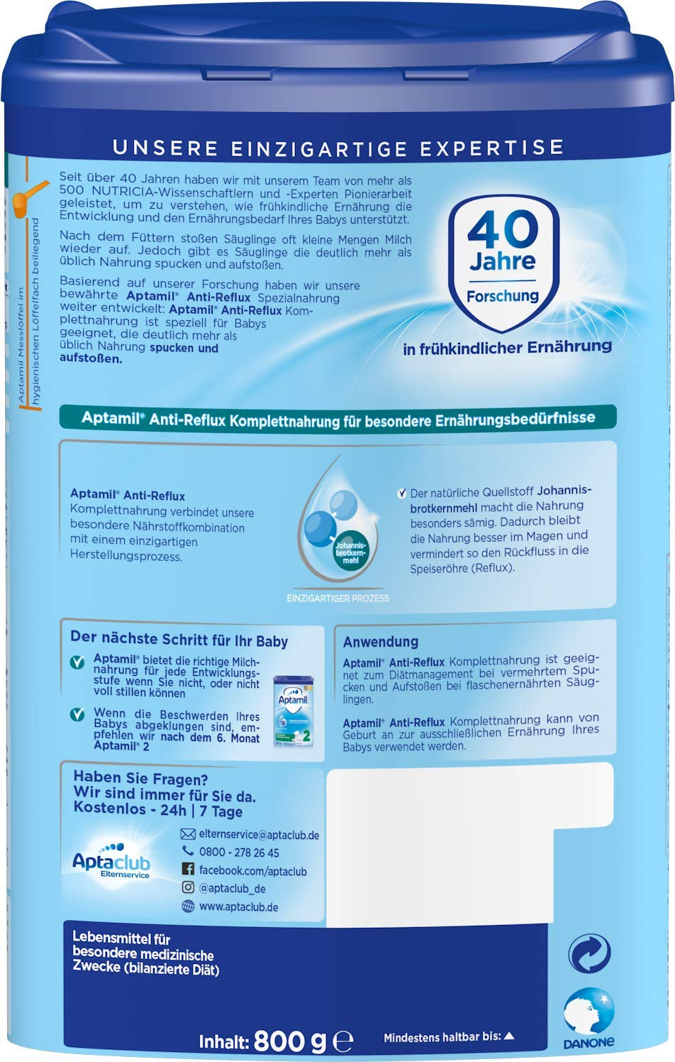 Aptamil Anti-Reflux - Formulă completă de la naștere, pentru gestionarea dietei, pentru vomă și regurgitație, hrană pentru bebeluși, lapte praf, 1 x 800 g