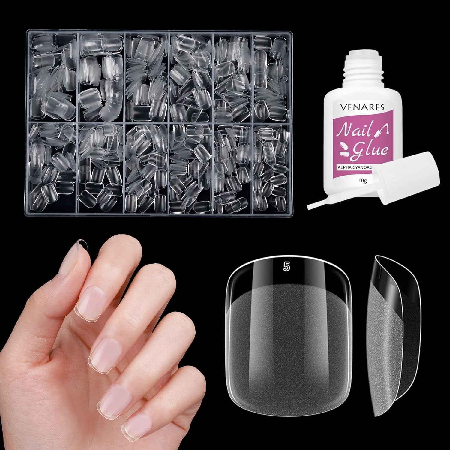 Unghii false scurte, model balerină, 500 bucăți, pentru lipire, 12 dimensiuni, unghii artificiale, scurte, cu gel moale, acoperire completă, vârfuri de unghii pentru unghii cu gel, scurte, S