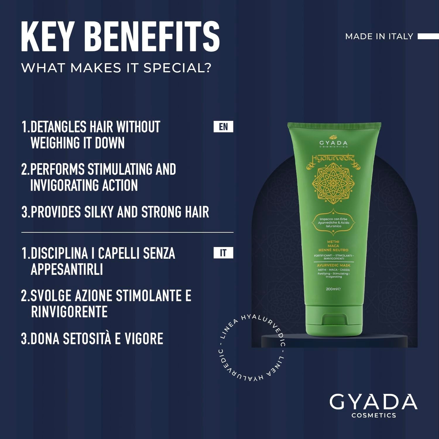 GYADA COSMETICS, compresă ayurvedică de întărire Hyalurvedic, tratament profesional pentru păr fin și slab, combate încrețirea cu methi, maca, henna neutră, 200 ml Masca de par Naty Shop