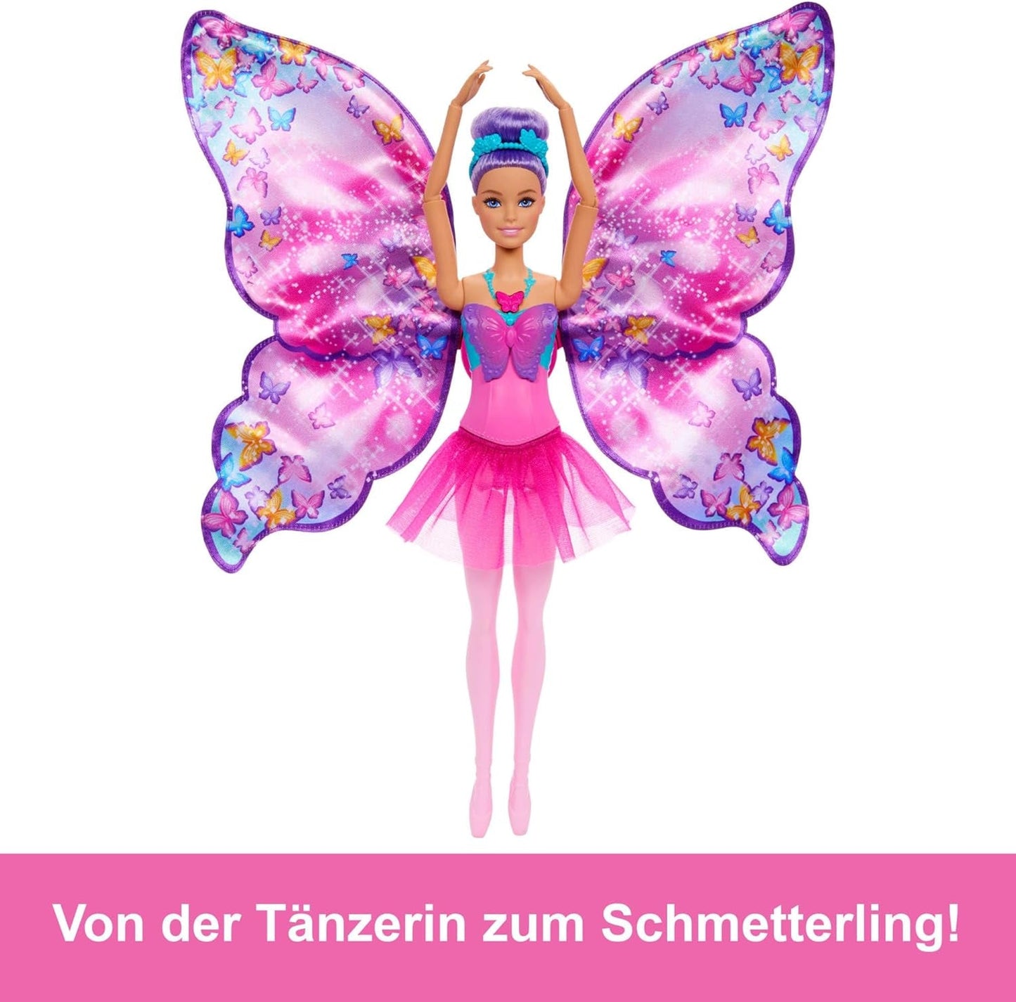 Păpușă Barbie Dansatoare și Fluture cu transformare 2 în 1 din Dansatoare în Fluture cu Aripi care se Deschid, Păr Mov, Accesorii de Păr și Tutu Detașabil, HXJ10