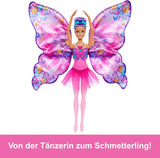 Păpușă Barbie Dansatoare și Fluture cu transformare 2 în 1 din Dansatoare în Fluture cu Aripi care se Deschid, Păr Mov, Accesorii de Păr și Tutu Detașabil, HXJ10