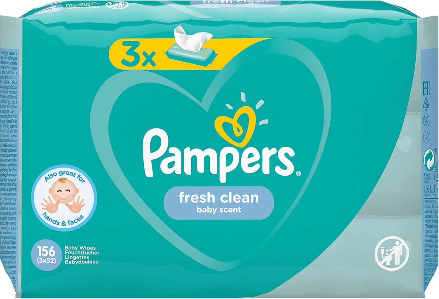 Șervețele umede pentru bebeluși Pampers Fresh Clean 81688041, 3x52 bucăți, (Șervețel umed pentru bebeluși, Pungă de plastic, Fetiță/Băiat, Turcoaz, Alb, Germania, 896,7 g)