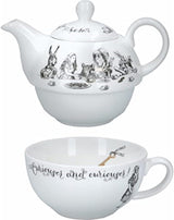 Set ceainic și ceașcă Alice în Țara Minunilor pentru 1 persoană în cutie cadou, serviciu de ceai din porțelan fin, alb, 250 ml