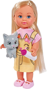 Simba 105733591 - Evi Love Kitty, asortat în 2 moduri, va fi livrat doar UN articol, păpușă într-o rochie drăguță de pisică cu pisoi și sticlă de băut, păpușă de joacă de 12 cm, vârste 3+