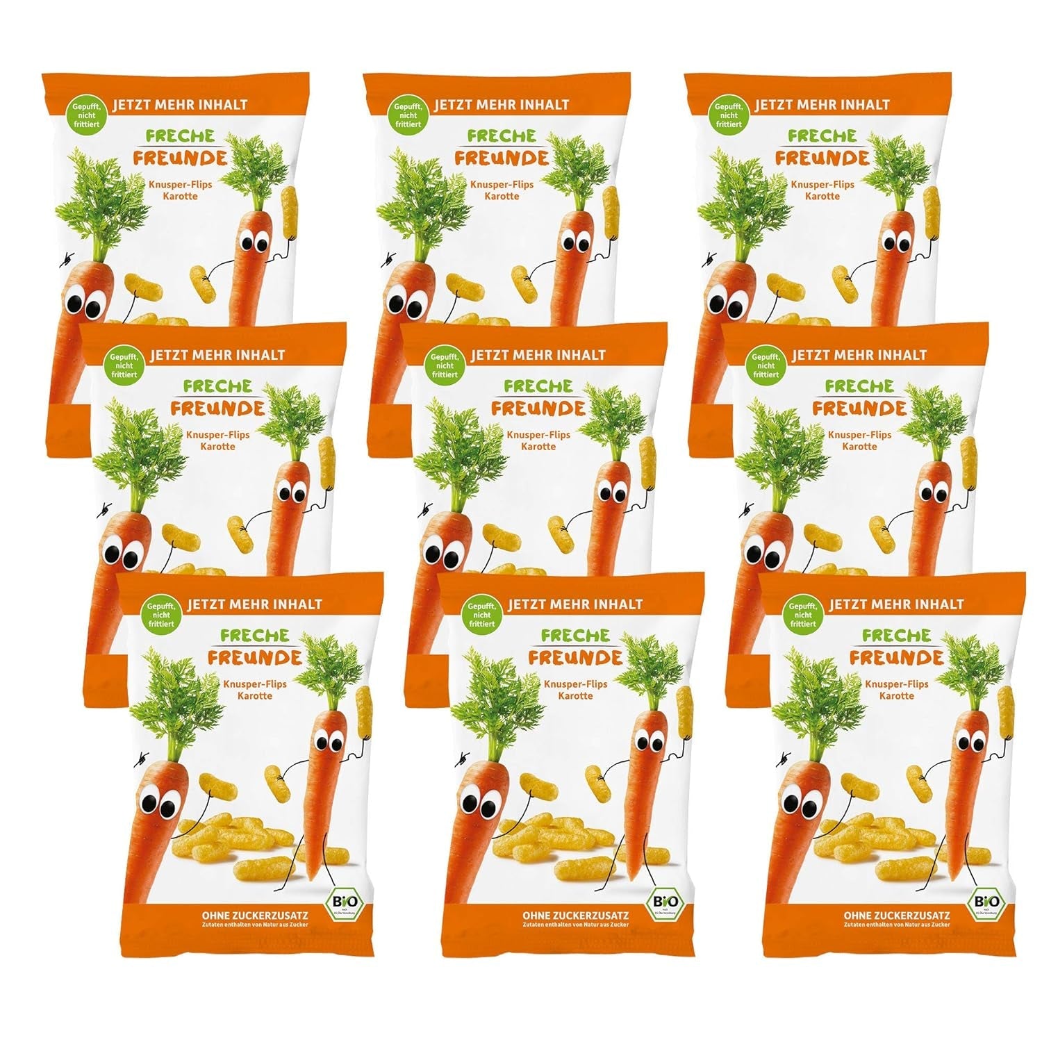 Chipsuri de fructe organice „100% căpșuni”, chipsuri de fructe cu căpșuni liofilizate (12 x 12 g) și noi flip-uri crocante organice cu porumb și morcov, gustare organică, de la 1 an, (9 x 30 g) 270 g