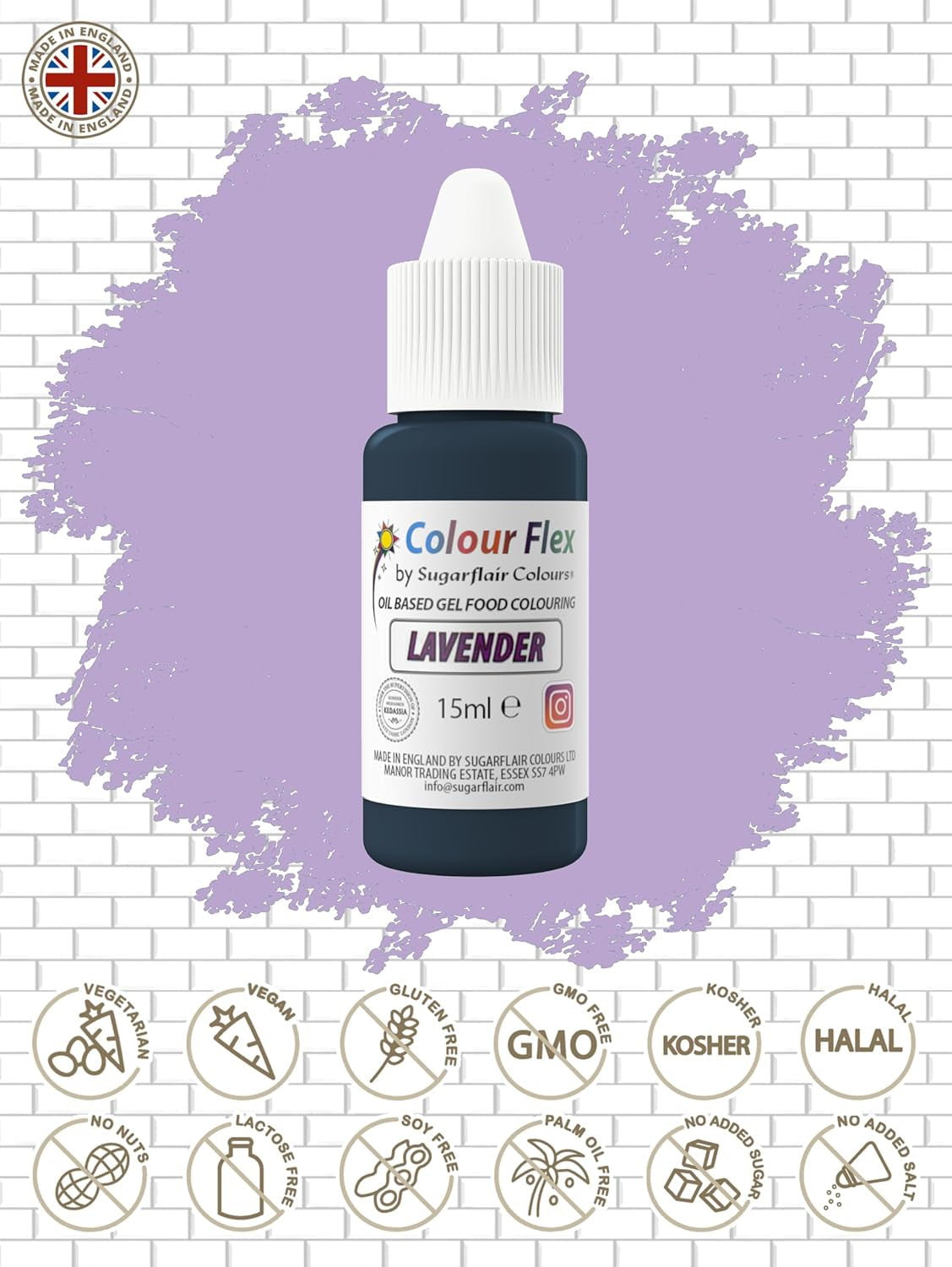 Colorant alimentar pe bază de ulei Sugarflair Colourflex Lavandă, colorant alimentar lichid foarte concentrat pentru cremă de unt, ciocolată, aluat, fondant, glazură și multe altele - 15 ml
