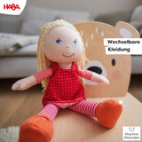 Păpușa moale HABA Annelie – Păpușă moale cu păr aranjat – Cu haine interschimbabile – De la 18 luni – 30 cm – Lavabilă – 1302108001