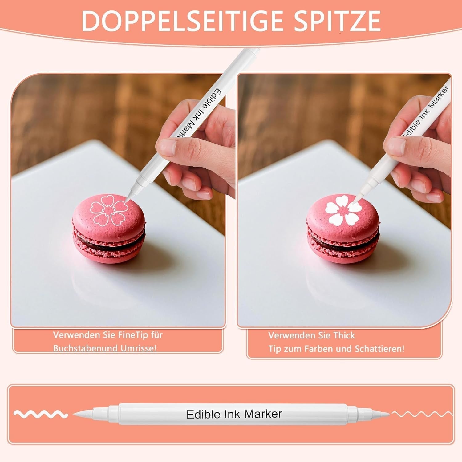 Set de 3 pixuri alimentare comestibile, albe, set de 3 cu vârf dublu, vegane, fără gluten, colorant alimentar fondant, albe pentru pictat și scris pe prăjituri etc.