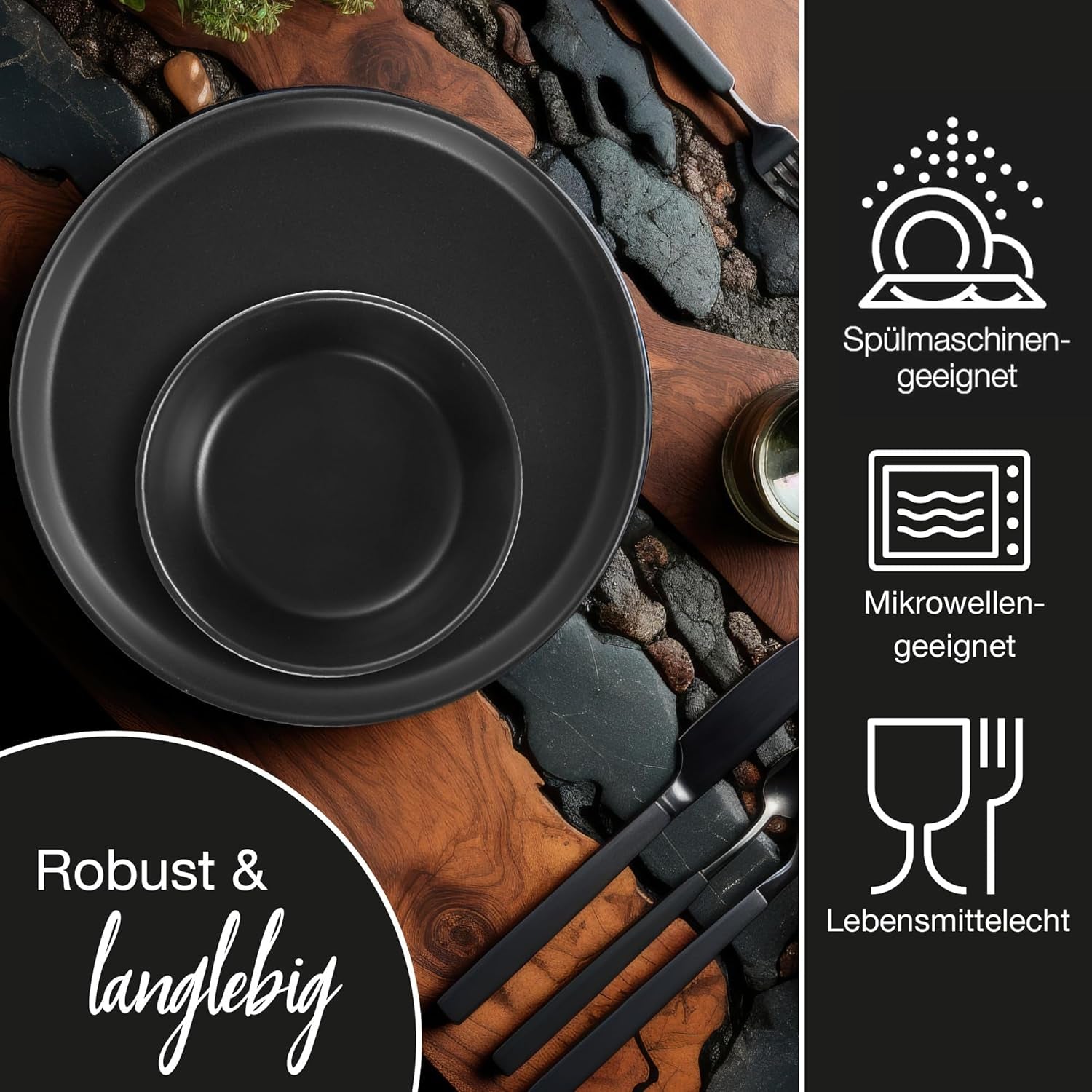 Set de veselă Moritz & Moritz NORDIC pentru 6 persoane - Set de veselă din gresie neagră cu 18 piese - Design scandinav - Set de farfurii robust pentru 6 persoane pentru uz zilnic și pentru oaspeți - Set de veselă combinat