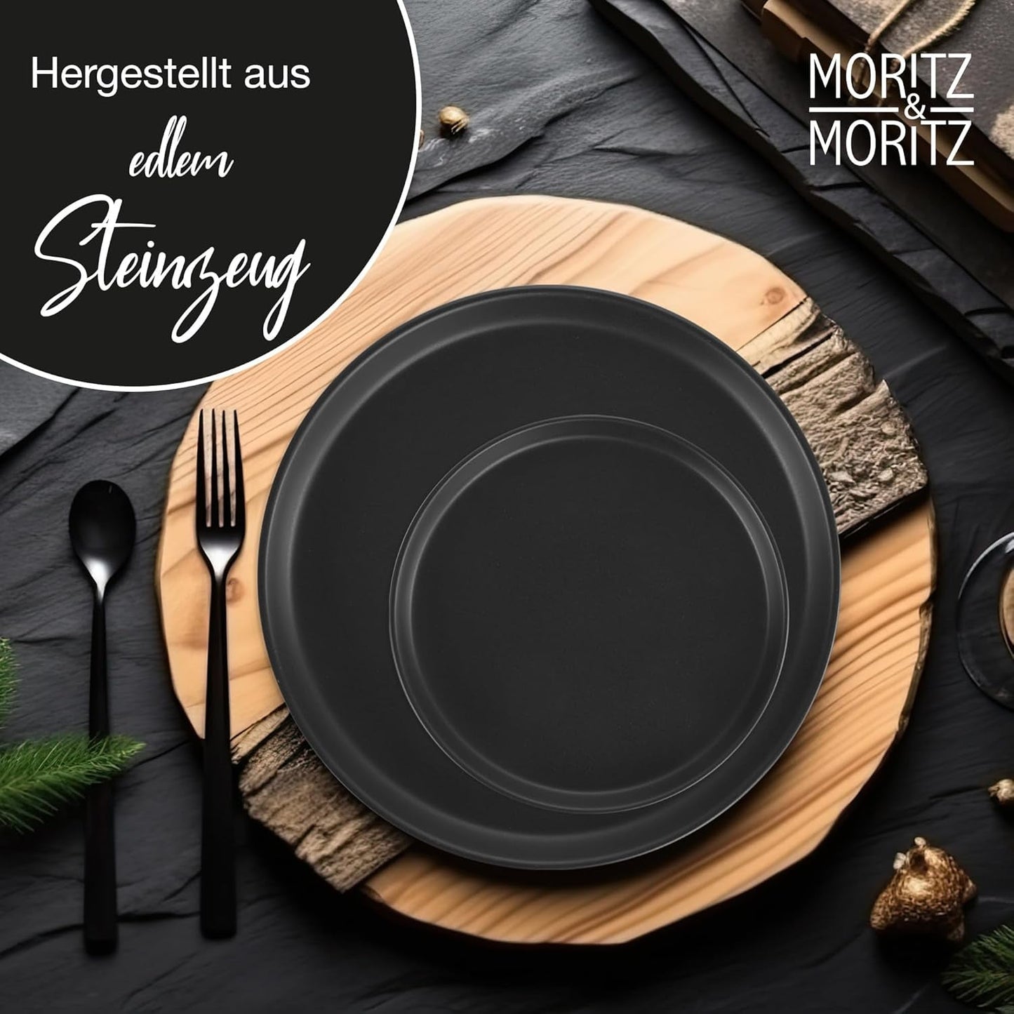 Set de veselă Moritz & Moritz NORDIC pentru 6 persoane - Set de veselă din gresie neagră cu 18 piese - Design scandinav - Set de farfurii robust pentru 6 persoane pentru uz zilnic și pentru oaspeți - Set de veselă combinat