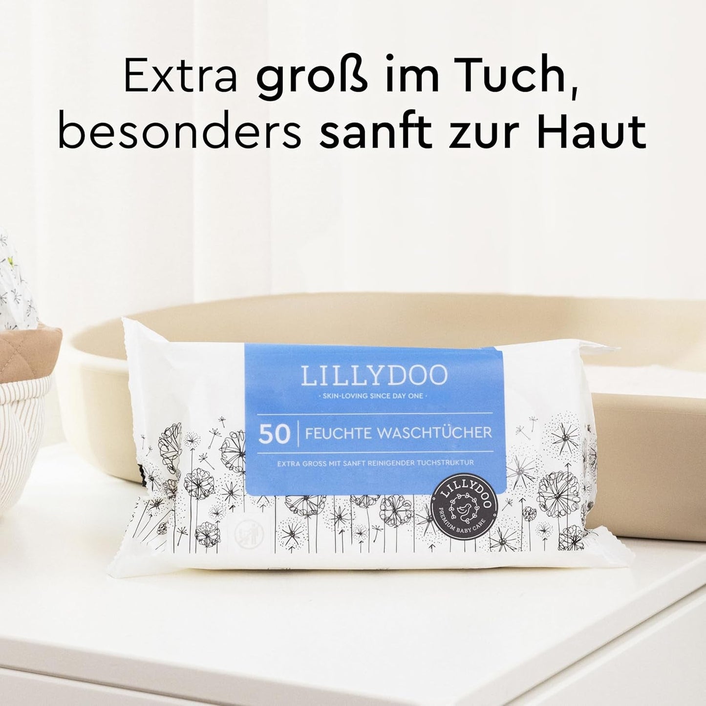 Șervețele umede LILLYDOO, 50 de bucăți, 100% fără plastic, șervețel extra mare, fără parfum
