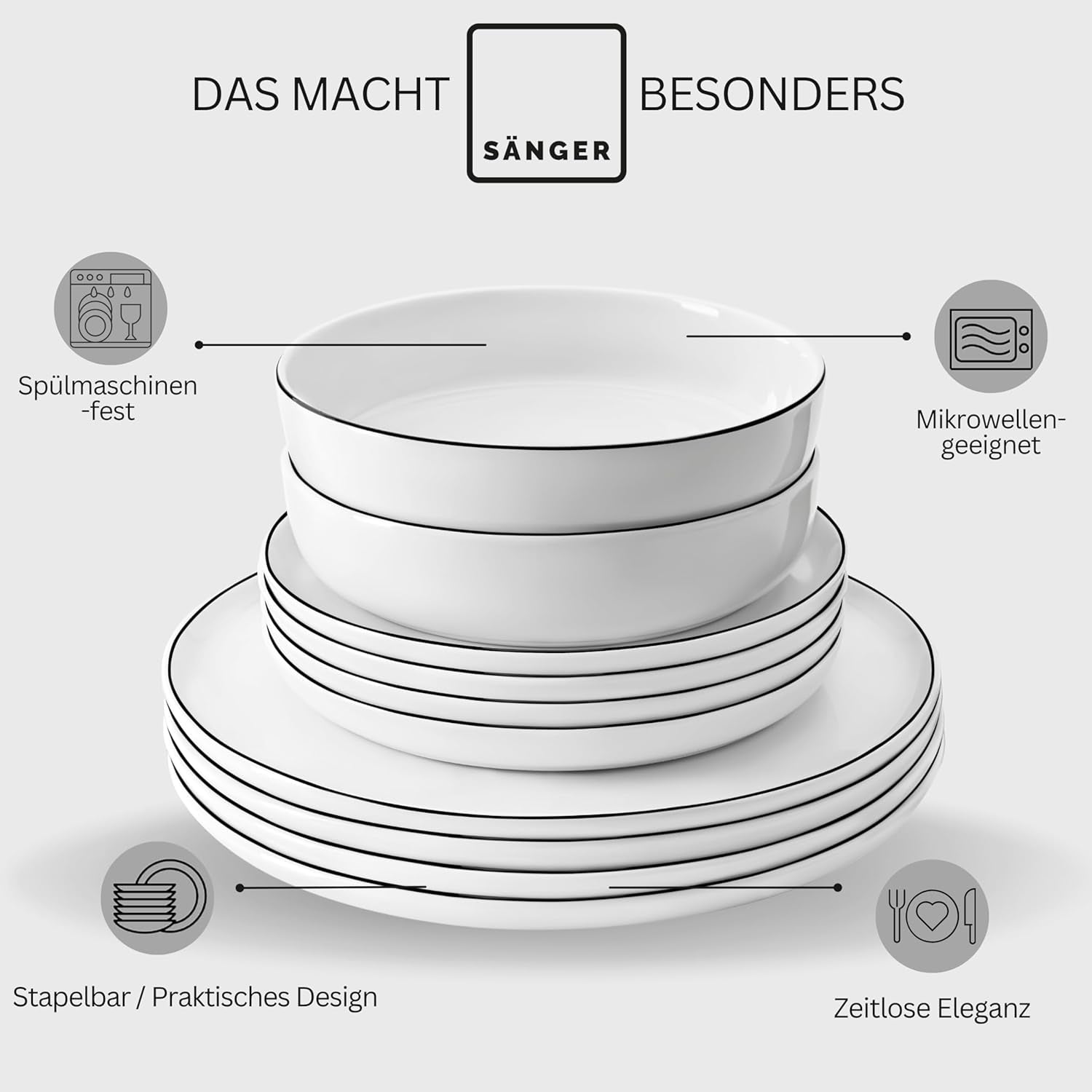 SÄNGER | Set de veselă Marlo cu margine neagră și albă, Set de veselă din porțelan cu 18 piese pentru 6 persoane, Alb cu accente negre, Farfurii de cină, Farfurii și boluri pentru desert, Design modern | COLECȚIA PREMIUM