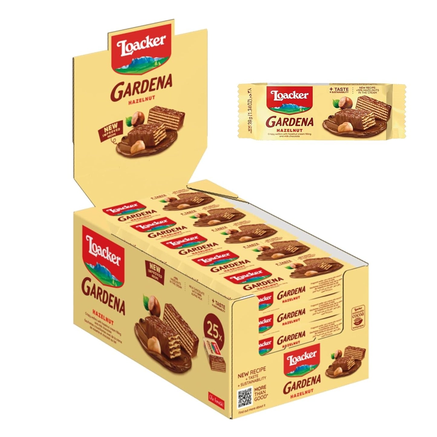 Loacker Gardena (Ciocolată) • Napolitane acoperite cu ciocolată cu lapte și umplutură fină de cremă de ciocolată • Biscuiți tip napolitană, pachet mare (25 x 38g)