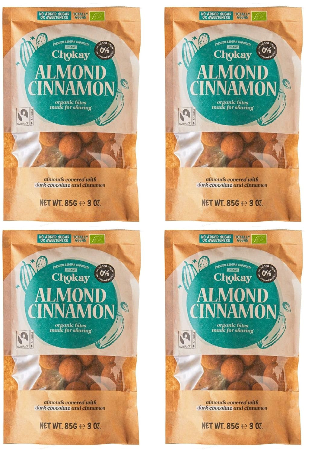 Set de 4 bucăți Organic Bites - Migdale cu scorțișoară/Migdale cu scorțișoară în ciocolată neagră belgiană/Fără zahăr adăugat, fără îndulcitori/VEGAN ȘI COMERȚ ECHITABIL / 4 x 85g
