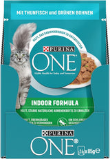 Hrană umedă pentru pisici PURINA ONE Indoor Formula, bucăți fragede în sos pentru pisici de casă, cu ton, pachet de 26 (26 x 85g)