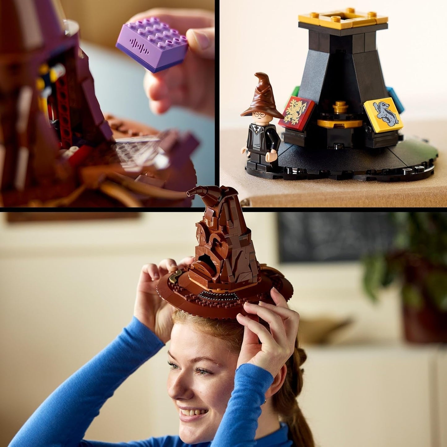 LEGO Harry Potter Pălăria vorbitoare, model Hogwarts pentru adulți, cadou de film pentru femei, bărbați, mamă și tată, cu 31 de combinații de sunete aleatorii, te sortează în casa ta Hogwarts 76429 Seturi de constructie Besuche den LEGO-Store