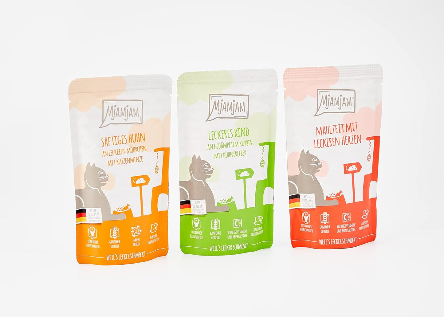 MjAMjAM - Hrană umedă premium pentru pisici - Pachet mixt I - Pui, Vită, Inimi, pachet de 12 (12 x 125 g), fără cereale cu carne suplimentară