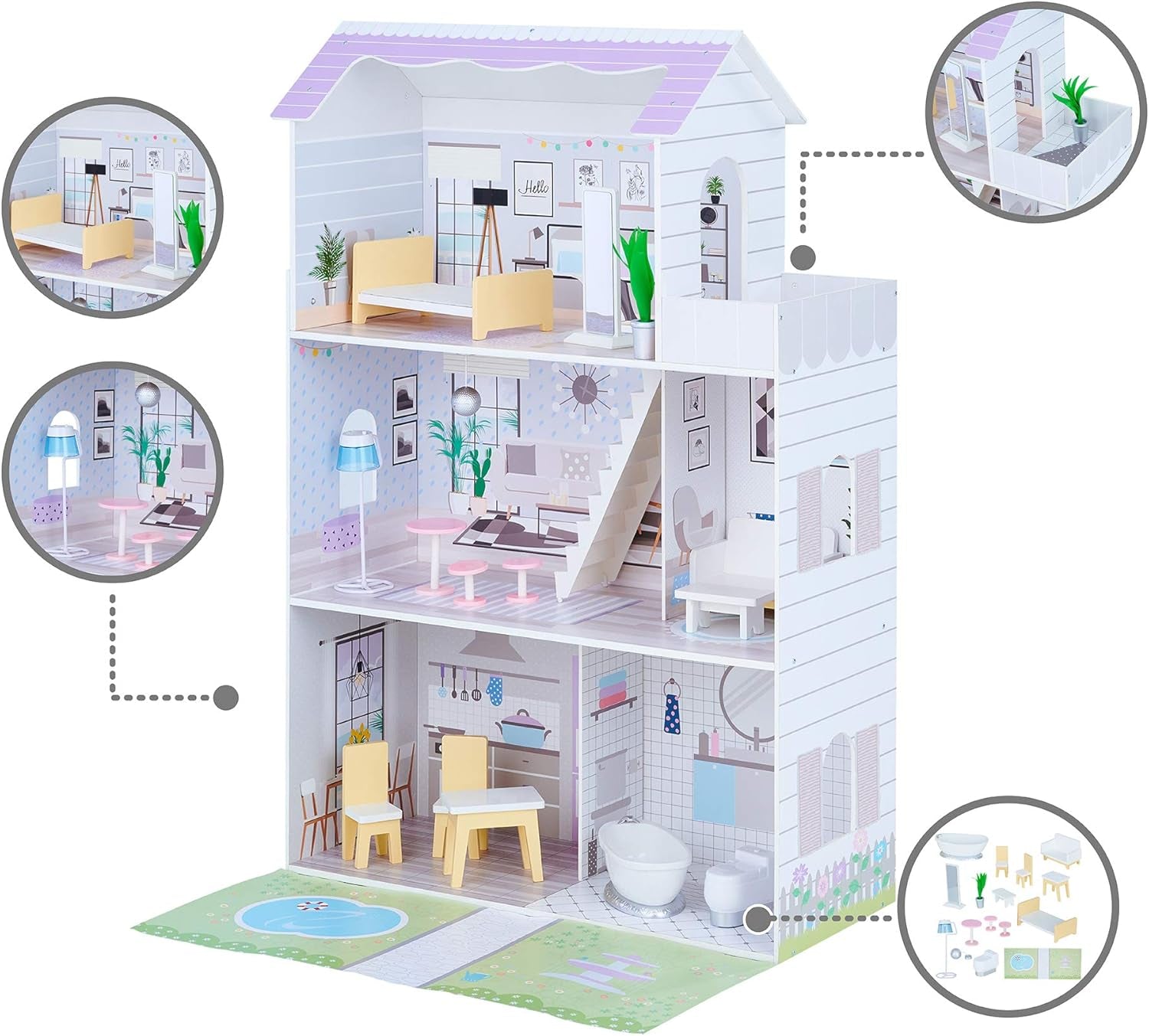 Teamson Kids Casa de păpuși gigantică Olivia's Little World cu 16 accesorii pentru păpuși, casă de păpuși din lemn cu mobilier, cu 3 etaje, casă de păpuși pentru copii de 30 cm, vârste 3+