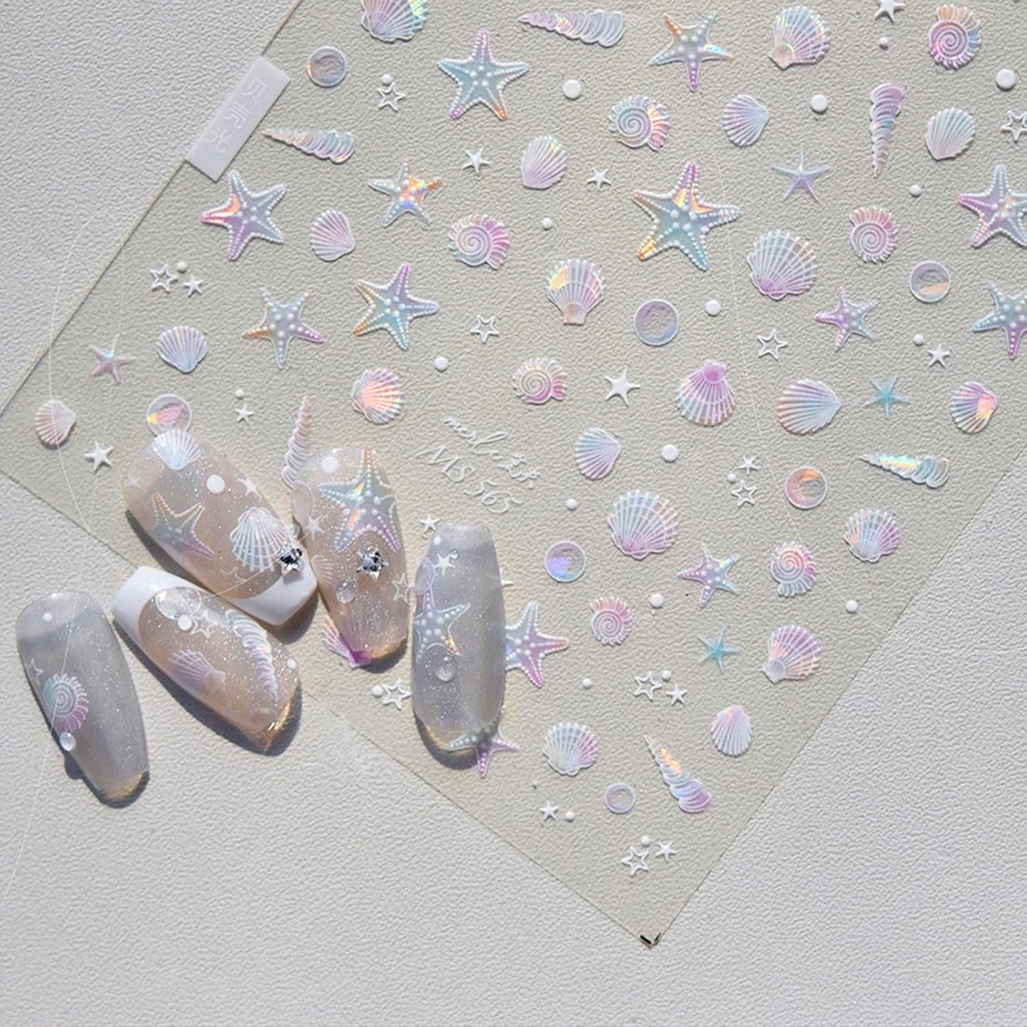JMEOWIO 3D Nagelsticker Aurora Muschel Seestern Nail Art Sticker Selbstklebend Nagelaufkleber 5D Stereoskopisch Ozean Thema Dekoration Nageldesign Zubehör 1 Blatt