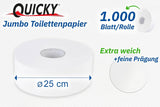 Hârtie igienică Quicky Jumbo 2 straturi, 25 cm Ø, alb strălucitor, relief cu puncte fine, 6 role - absorbantă și rezistentă la rupere pentru igienă maximă, ideală pentru instituțiile publice și industrie