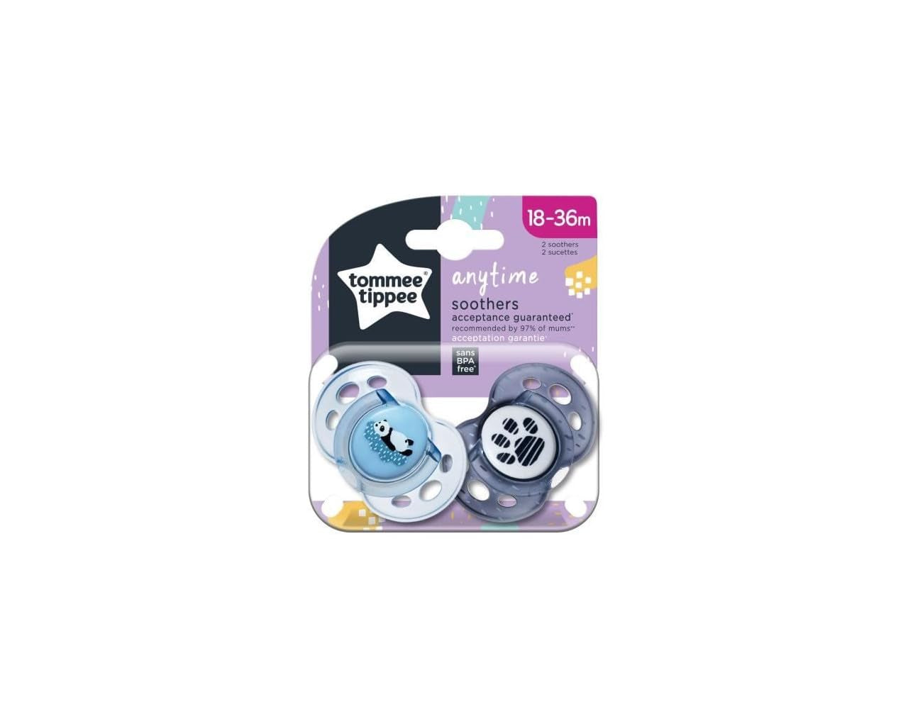 Suzetă Tommee Tippee Anytime, formă ortodontică simetrică, silicon fără BPA, 18-36 luni, 2 bucăți, multicoloră