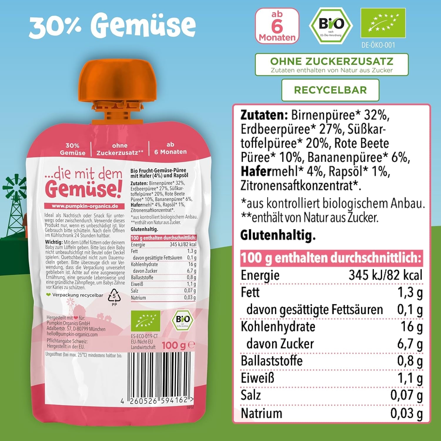 Pliculețe cu legume și cereale organice Pumpkin Organics, pachet de 8: Pară, Căpșuni, Cartofi dulci, Sfeclă roșie, Banană, Ovăz - Fără zahăr adăugat¹ - De la 6 luni - ca gustare sau aliment complementar la pachet (8 x 100g)