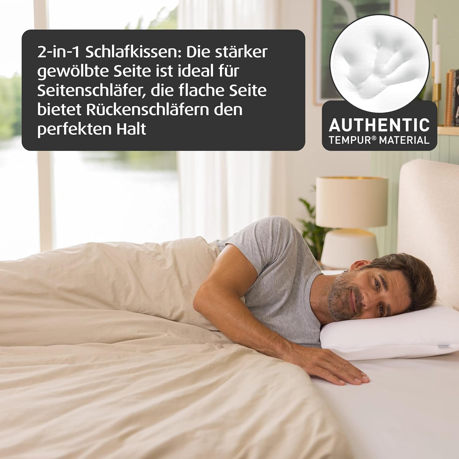 Pernă de dormit TEMPUR Symphony din spumă cu memorie, pernă ergonomică pentru susținerea gâtului, pentru dormitul pe spate și pe o parte, senzație fermă, M (63 x 43 x 12,5 cm), Alb