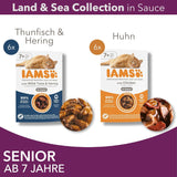 IAMS Delights Hrană umedă pentru pisici senior - Pachet multiplu cu pui și pește în sos, hrană umedă de înaltă calitate pentru pisici mai în vârstă de la 7 ani, 12 x 85 g