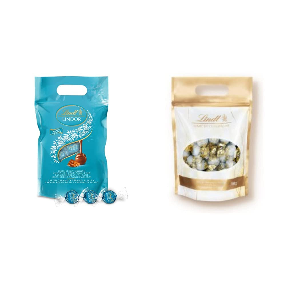 Bile de ciocolată LINDOR cu caramel sărat | aprox. 80 de bile de ciocolată cu lapte cu umplutură de caramel sărat | Pachet vrac & Bile de ciocolată Marc de Champagne | 700 g