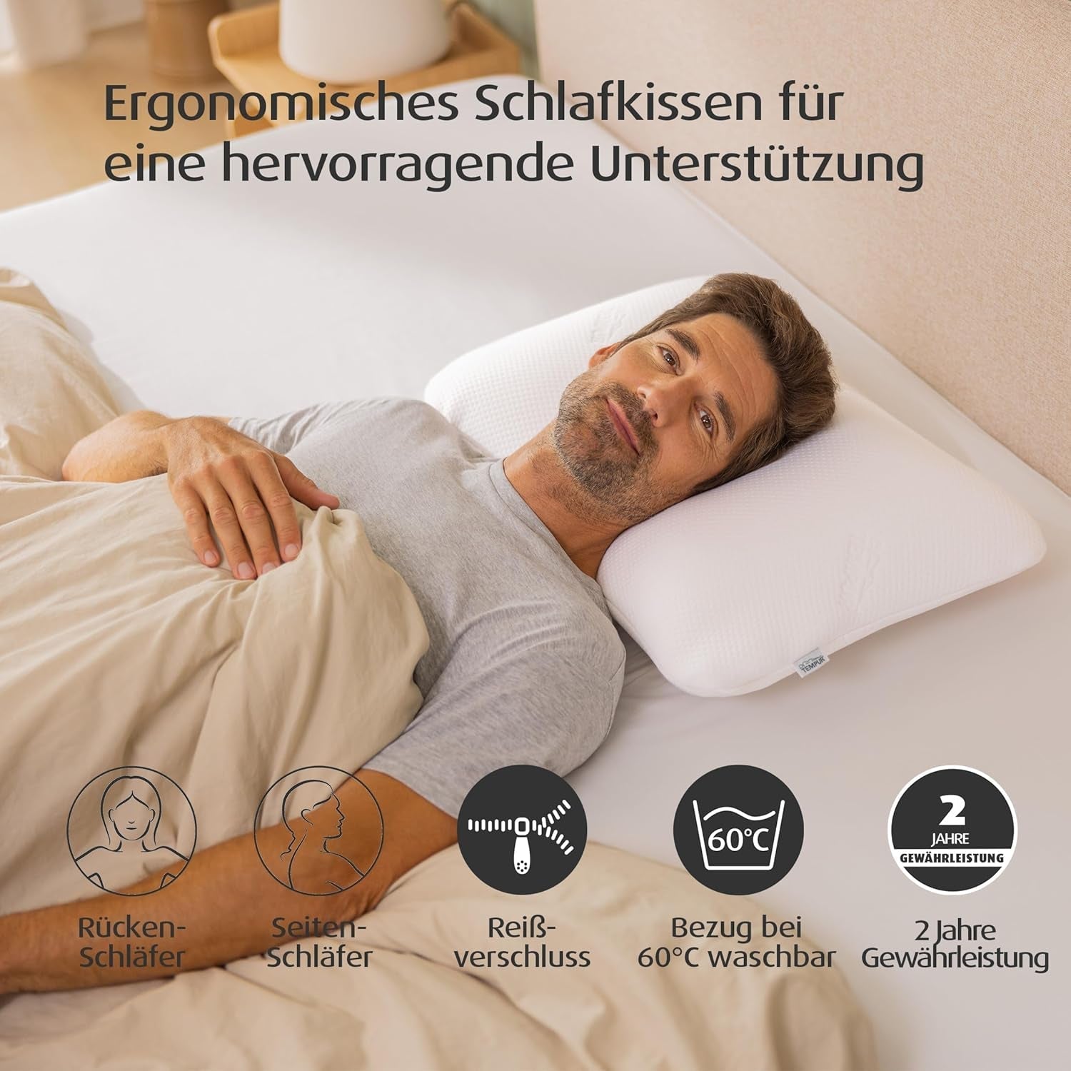 Pernă de dormit TEMPUR Symphony din spumă cu memorie, pernă ergonomică pentru susținerea gâtului, pentru dormitul pe spate și pe o parte, senzație fermă, M (63 x 43 x 12,5 cm), Alb