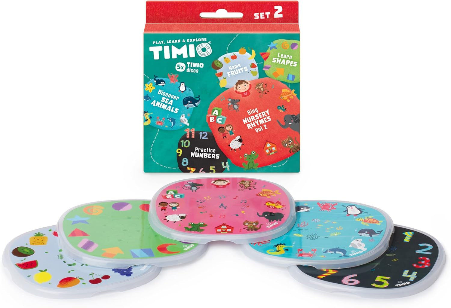 TIMIO Disc Set # 1: 5 discuri audio pentru TIMIO Player | Învață culorile, animalele sălbatice, instrumentele muzicale, 96 de versuri de grădiniță Vol. 1, părțile corpului | 8 limbi incluse | Jucărie de învățare de la 2 - 6 ani Jucarii Bebe Naty Shop Timio Disc Set 2