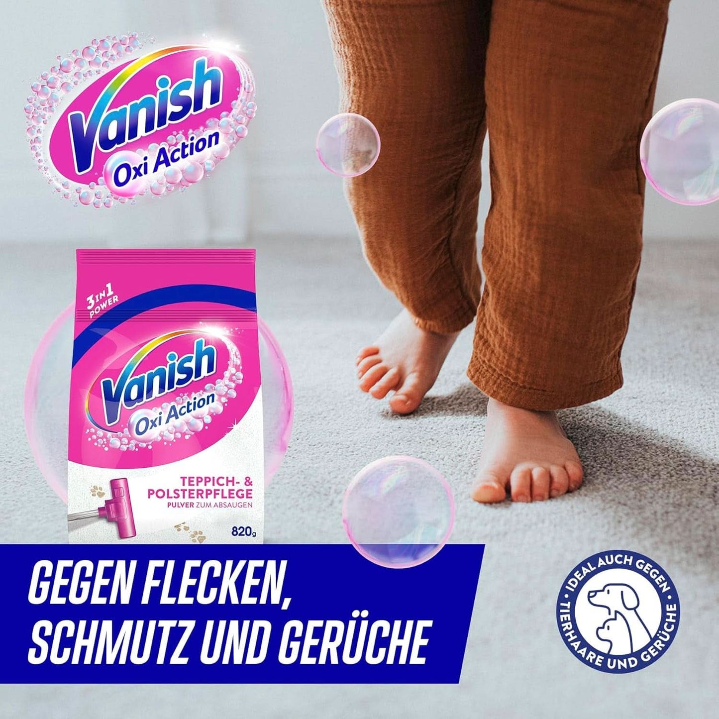 Vanish Oxi Action Pulbere pentru curățarea covoarelor și a tapițeriei - 1 X 820 G - Curăță suprafețe mari pentru covoare și tapițerii împotriva murdăriei, mirosului urât și prafului Detergenti Rufe Naty Shop