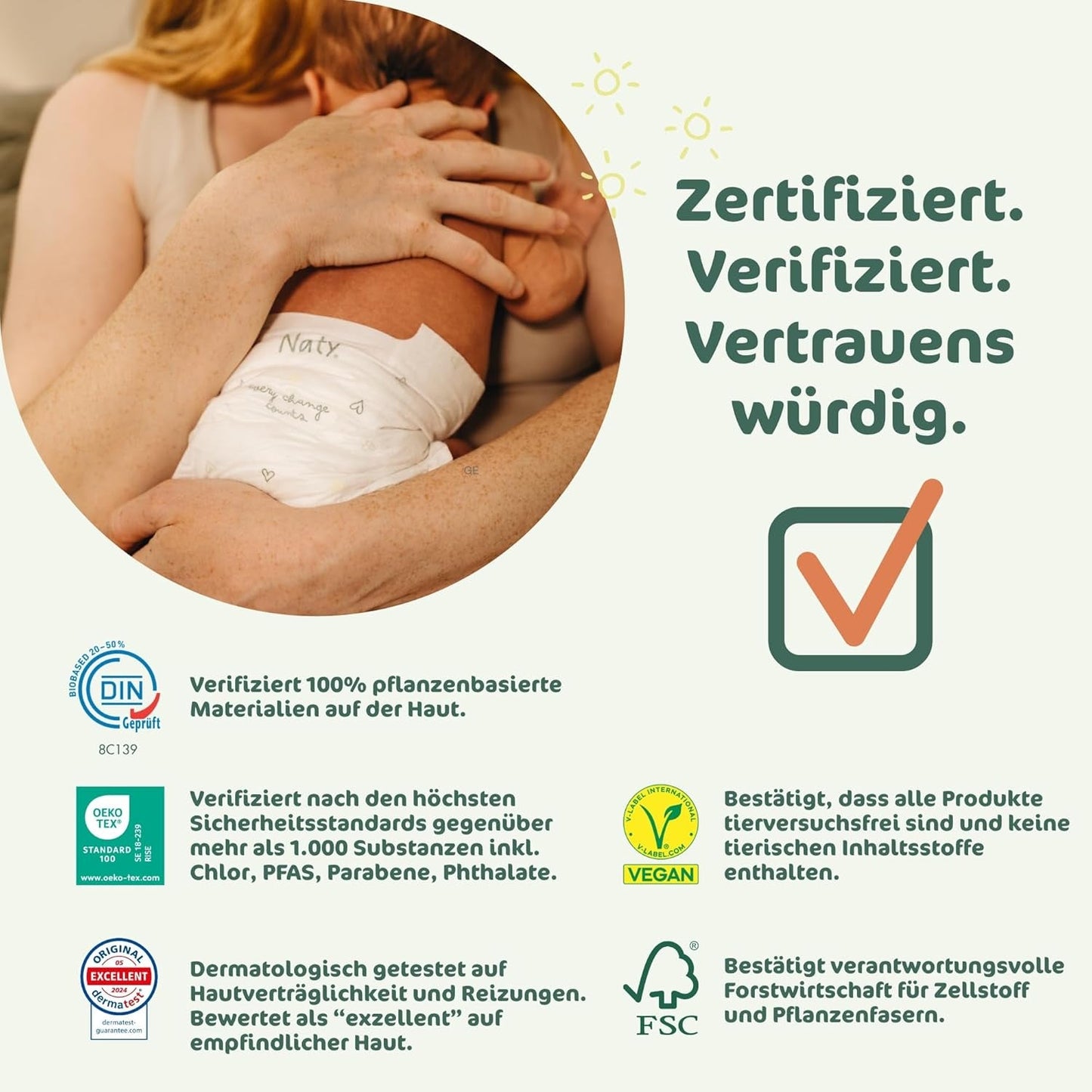 Scutece pentru bebeluși Naty BioEmbrace, mărimea 5 (11–25 kg) | 100% materiale pe bază de plante, delicate cu pielea | Moliciune respirabilă, testate dermatologic, absorbție excelentă | 80 buc.