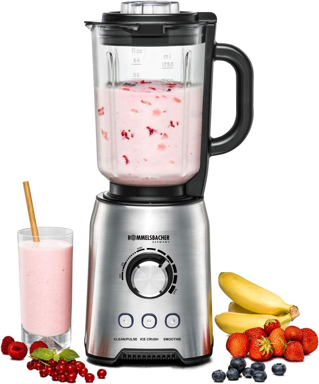 ROMMELSBACHER Standmixer MX 1250-22.000 U/Min, Stufenlose Drehzahlregulierung, Funktionstasten (Smoothie, Clean/Pulse, Ice Crush), Glaskrug, Edelstahlgehäuse, Spezialmesser, 1200 Watt Bucatarie Naty Shop