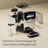 Espressor automat Siemens EQ900, ecran TFT color mare, 2 recipiente pentru boabe, 36 de băuturi calde și reci, cafea rece, super silențios, funcție pentru două cești, control prin aplicație, oțel inoxidabil, TQ907D03