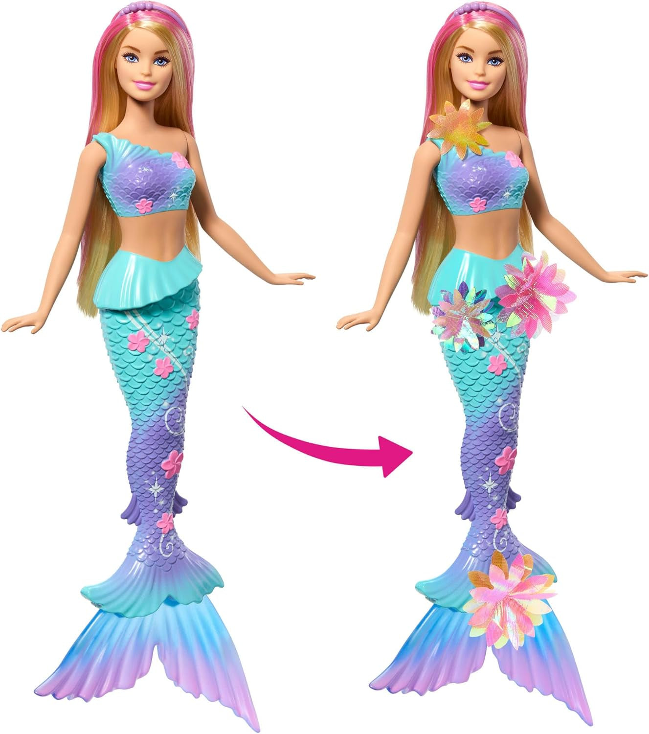Barbie Meerjungfrauen-Spielzeugpuppe mit magischer Überraschungsblüte, Schwanzflosse mit Farbverlauf, perlenbesetztem Haarreif und langem blonden Haar mit rosa Strähchen, JDM72