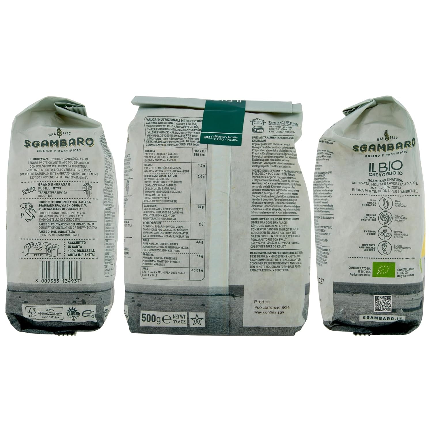 Paste Fusilli Organice Nr. 93 - 500g din grâu Khorasan – Grâu antic, bogat în proteine, cultivat 100% în Italia – Versatile în bucătărie și bogate în nutrienți
