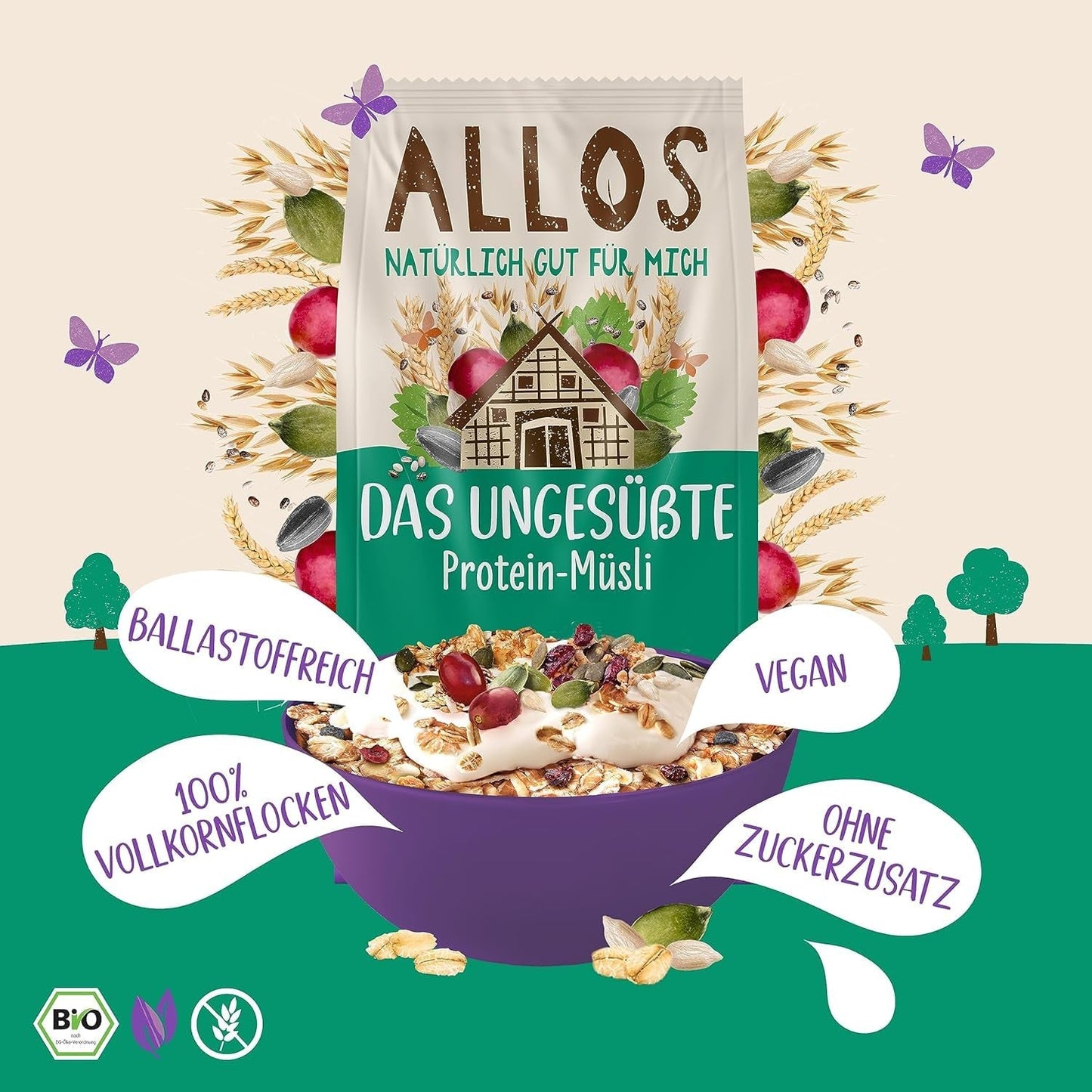 Muesli proteic neîndulcit Allos | Muesli organic | Fulgi de ovăz | Cereale pentru micul dejun | Vegan (5 x 450g), 1 bucată (pachet de 5)