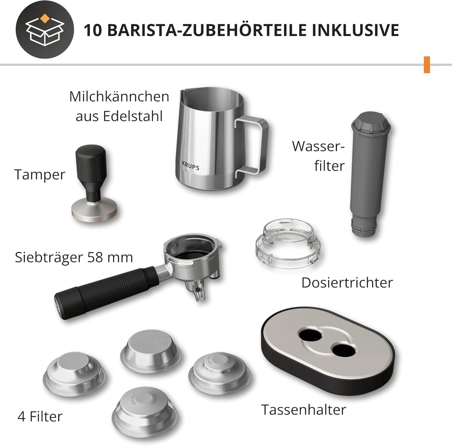 Espressor manual Krups Precision cu portafiltru și râșniță, aparat de cafea barista cu panou de control intuitiv, setări de pre-infuzare, espressor cu duză de abur, încălzire rapidă, XP801T10
