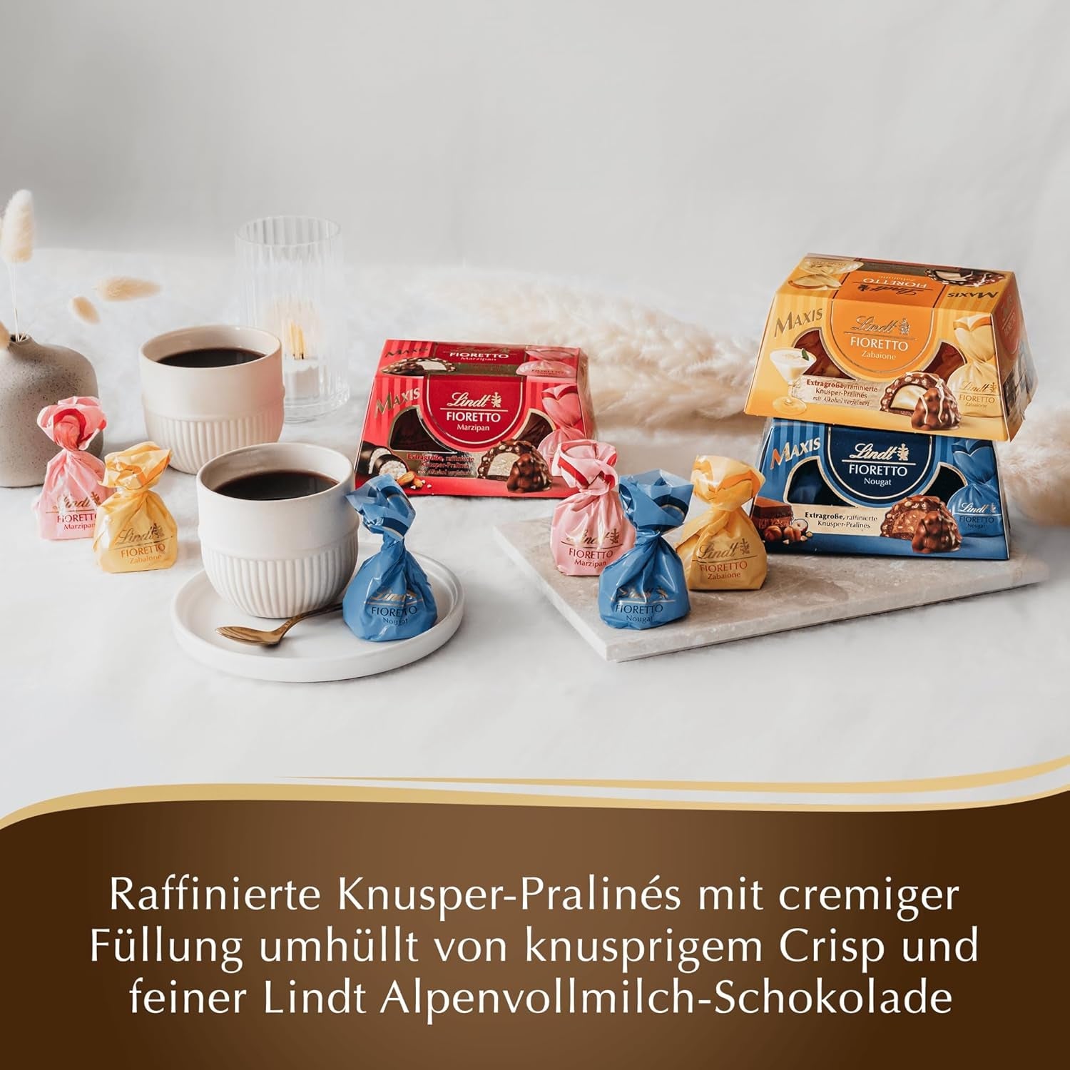 Lindt Chocolate | Set cadou FIORETTO Zabaione | 138g | 6 praline de ciocolată cu lapte cu umplutură de trufe Zabaione și topping crocant, conținând alcool | Cadou de ciocolată
