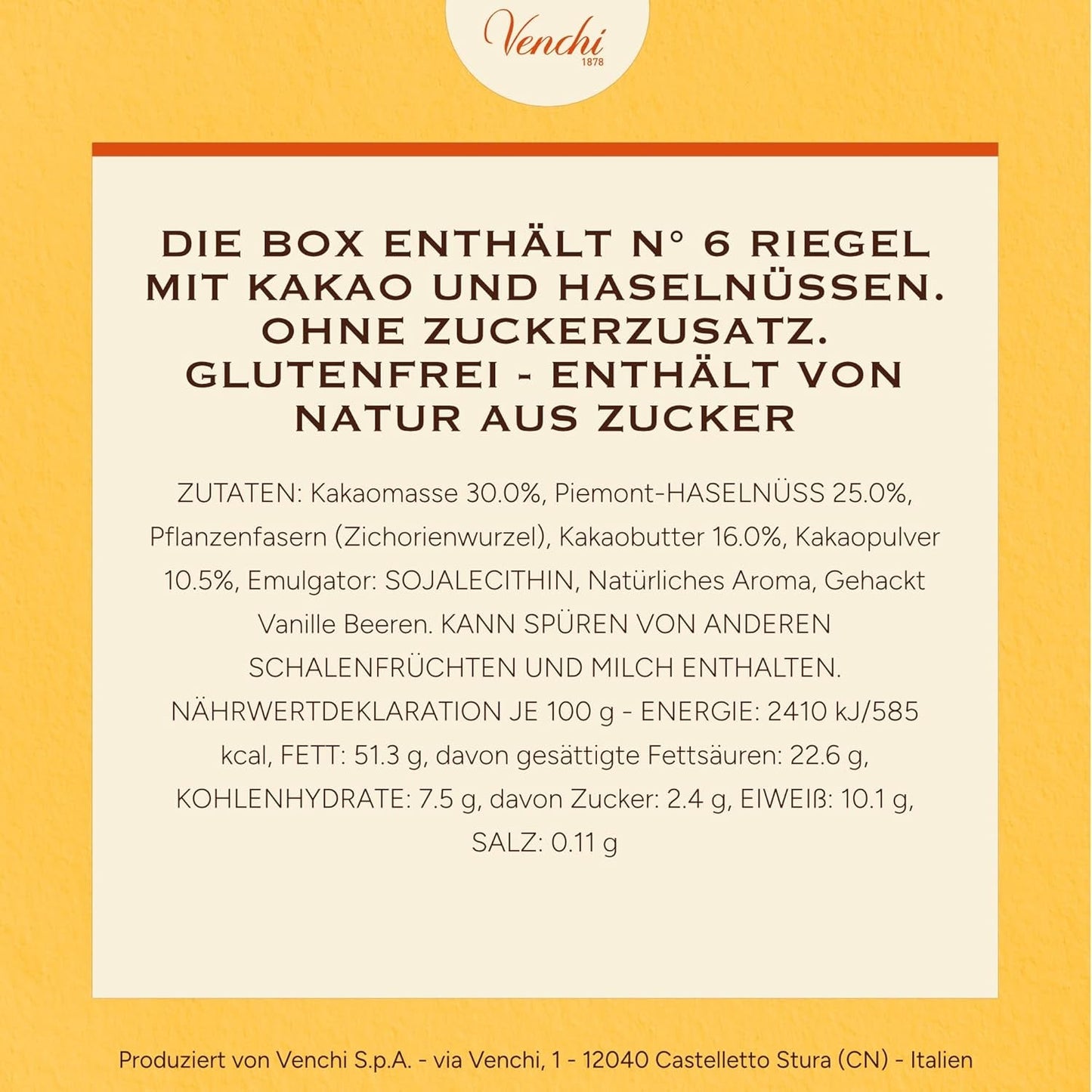 Venchi – Pachet de 6 batoane de ciocolată neagră cu alune de pădure, 600g – Fără zahăr adăugat – Fără îndulcitori artificiali – Fără gluten – Vegan – Idee de cadou