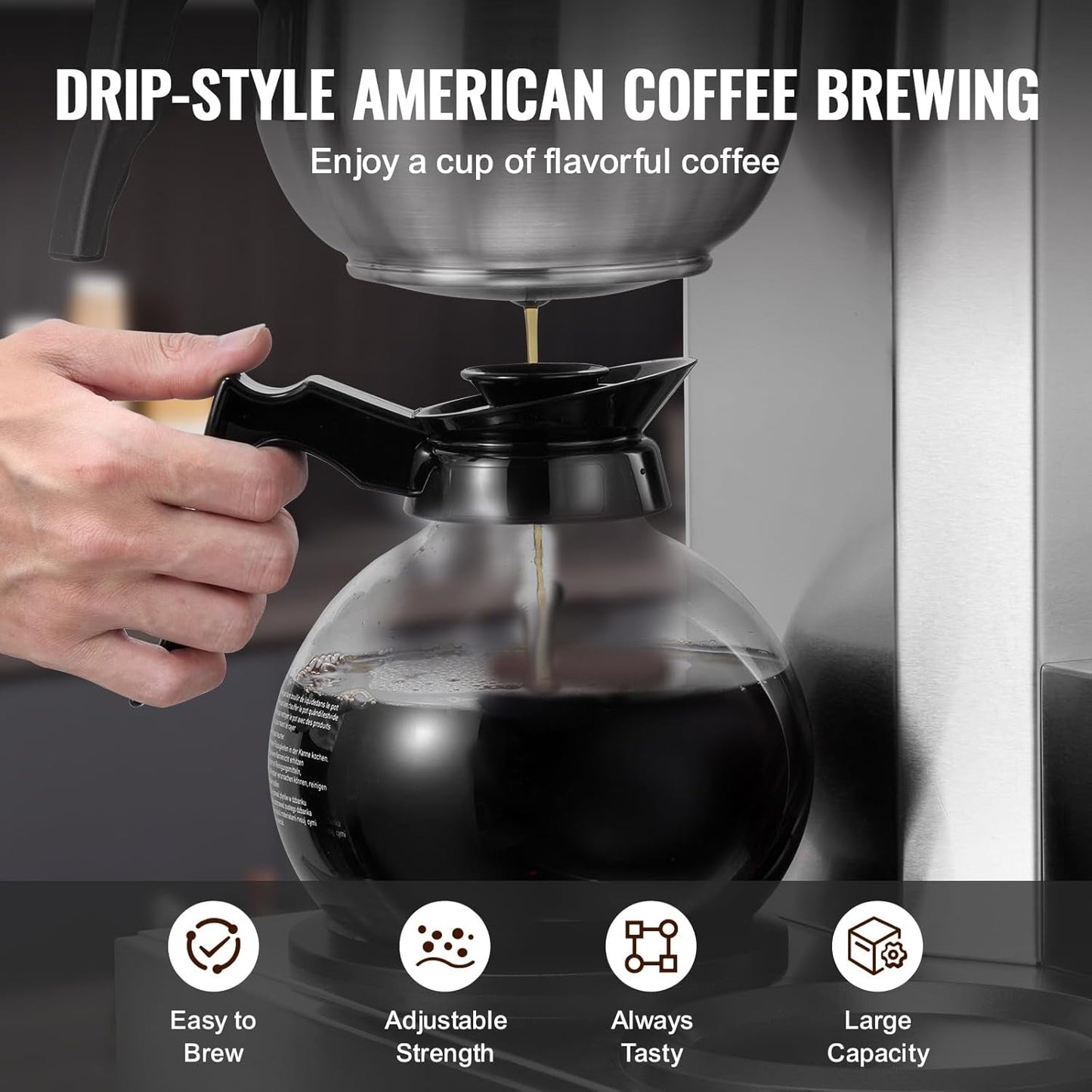 VEVOR Espressor comercial cu filtru pentru 12 căni, espressor cu 3 carafe de sticlă și 3 plăci de încălzire, espressor din oțel inoxidabil cu alimentare automată cu apă, pentru restaurante, birouri, cafenele