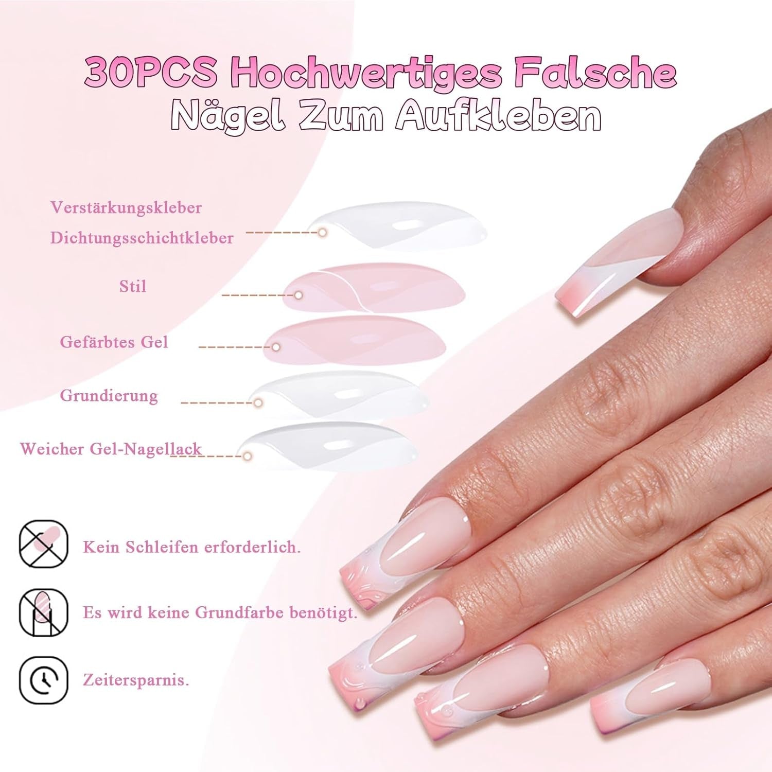 30 de bucăți unghii false franțuzești - unghii artificiale pentru lipit - unghii cu gel moale pentru femei - unghii adezive acrilice, manichiură pătrată (roz franțuzesc)