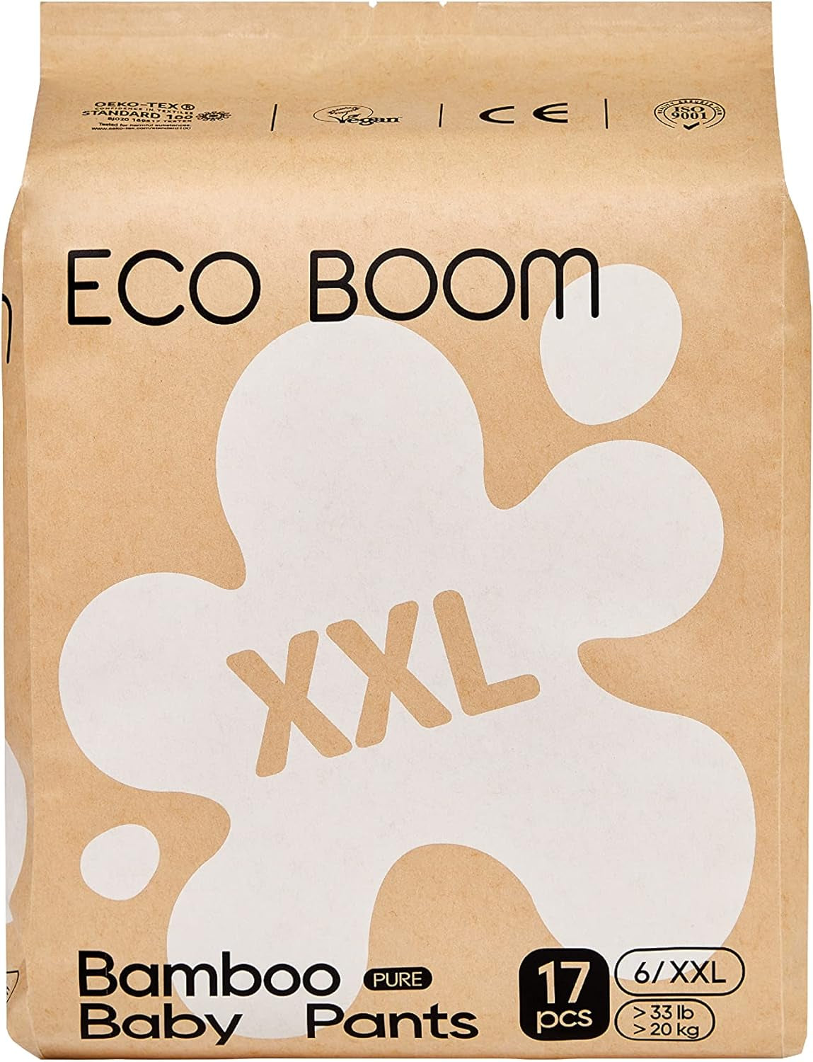 Scutece-chiloți ECO BOOM pentru bebeluși din bambus – Mărimea 6 (20 kg), Scutece de tip „pull-up” pe bază de plante (17 bucăți) – Calitate organică premium, fără parfum, prietenoase cu pielea și super absorbante