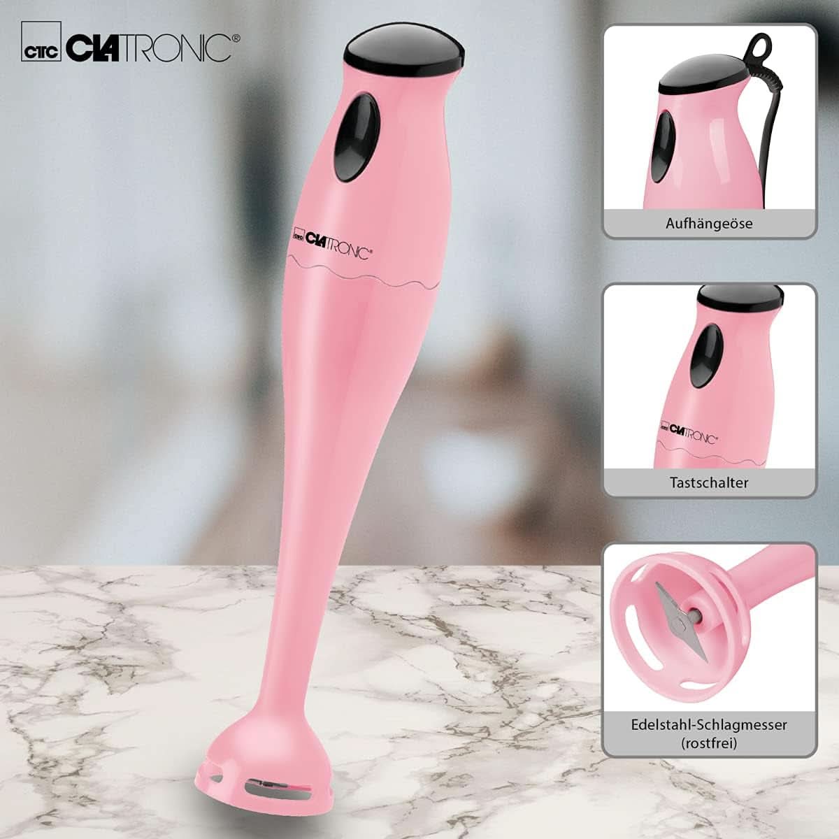 Clatronic Stabmixer/Pürierstab/Blender/Stab-Mixer/Stick/Mixstab SM 3577; Edelstahl-Schlagmesser; Für Smoothie, Kürbispüree, Babybrei, Milchshake; Mit Mixbehälter (500 Ml); 180 Watt; Pink Bucatarie Naty Shop