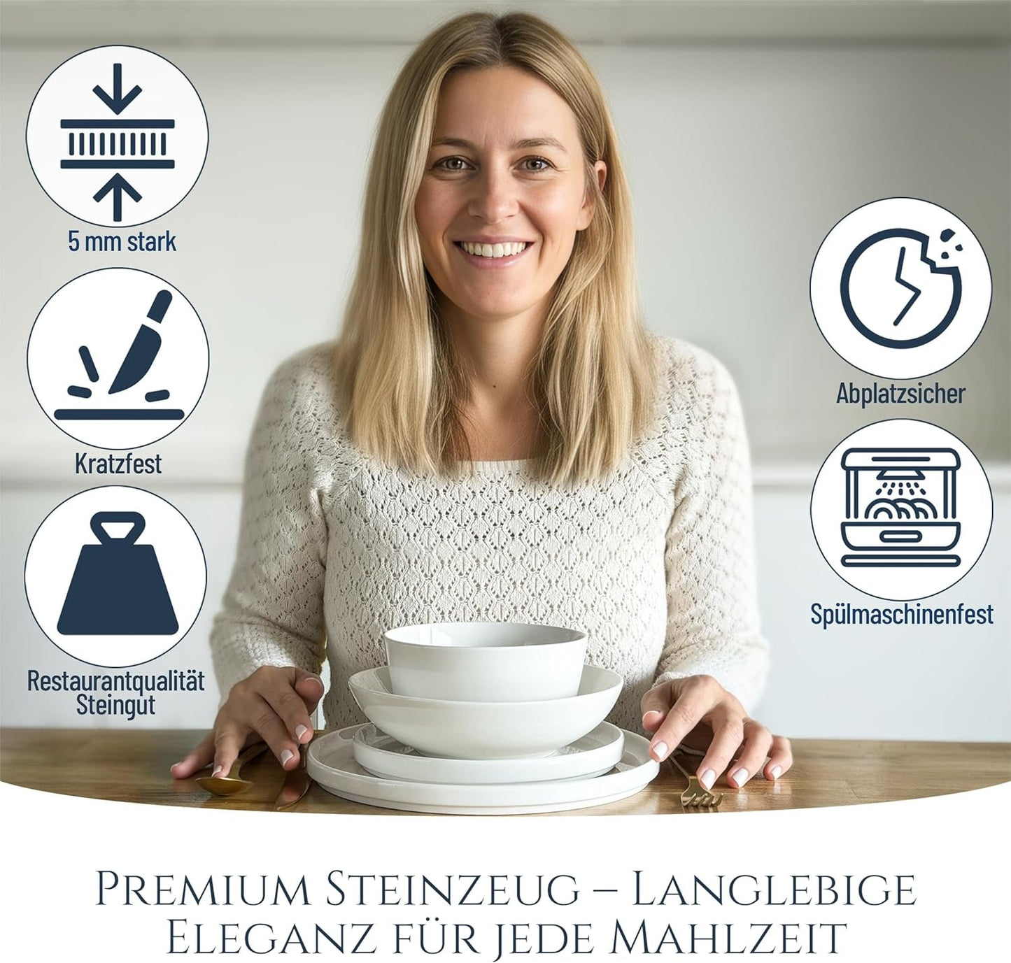 Set de veselă din porțelan pentru 12 persoane, Crystal 48 de piese, CÂȘTIGĂTOR AL TESTULUI, Set de veselă din porțelan transparent, set de boluri și farfurii, serviciu de cină pentru 12 persoane, Seturi de veselă Pure Living în alb